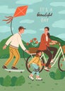 Cute happy family riding bike, skateboard and roller skating outdoors. Smiling mother, father and son performing sports