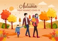 Cute happy family walking in nature. Hello Autumn Vector illustration with beautiful landscape . covid-19, corona virus concept