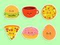 Cute happy fastfood icons set. Vector hand drawn trendy cartoon character illustration. Set of fastfood for postcard, print, t-