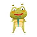 Cute happy frog holding gift box. Green funny toad cartoon character vector illustration