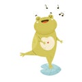 Cute happy frog singing on a water leaf Royalty Free Stock Photo