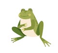 Cute happy frog sitting, holding paws on full tummy. Funny well-fed froglet. Childish colored flat vector illustration