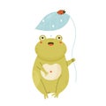 Cute happy frog sitting with a leaf umbrella Royalty Free Stock Photo