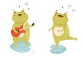 Cute happy frogs singing and playing the guitar standing on a water leaf Royalty Free Stock Photo