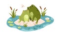 Cute happy frogs sitting in pond together. Love couple of smiling froggies in water. Funny kawaii animals, toads
