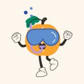 Cute happy funny apricot with scuba diving 30s cartoon mascot character