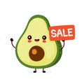 Cute happy funny avocado with sale sign