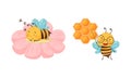 Cute happy funny bees set. Honey bee teaching with pointer and sleeping inside pink flower cartoon vector illustration Royalty Free Stock Photo