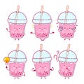 Cute happy funny bubble tea cup set collection Royalty Free Stock Photo