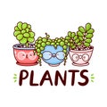 Cute happy funny plants in glasses logo