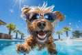 cute happy funny pretty beautiful dogs puppy doggy pet best friend swimming in pool or sea, wear sunglasses, water laps Royalty Free Stock Photo