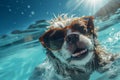 cute happy funny pretty beautiful dogs puppy doggy pet best friend swimming in pool or sea, wear sunglasses, water laps Royalty Free Stock Photo