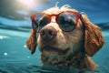 cute happy funny pretty beautiful dogs puppy doggy pet best friend swimming in pool or sea, wear sunglasses, water laps Royalty Free Stock Photo