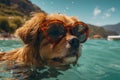 cute happy funny pretty beautiful dogs puppy doggy pet best friend swimming in pool or sea, wear sunglasses, water laps Royalty Free Stock Photo