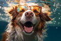 cute happy funny pretty beautiful dogs puppy doggy pet best friend swimming in pool or sea, wear sunglasses, water laps Royalty Free Stock Photo