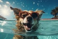 cute happy funny pretty beautiful dogs puppy doggy pet best friend swimming in pool or sea, wear sunglasses, water laps Royalty Free Stock Photo