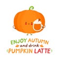 Cute happy funny pumpkin with latte mug