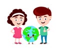 Cute happy funny smiling boy,girl and Earth planet