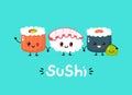 Cute happy funny smiling sushi,roll and wasabi