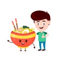 Cute happy funny smiling young man and ramen bowl