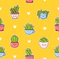 Cute happy succulents plants seamless pattern