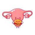 Cute happy funny woman uterus organ with burger