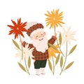 Cute happy garden bearded gnome with flowers. Joyful fairy tale dwarf elf character cartoon vector illustration Royalty Free Stock Photo