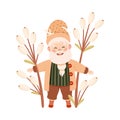 Cute happy garden bearded gnome. Joyful fairy tale dwarf elf character in pointed hat cartoon vector illustration Royalty Free Stock Photo