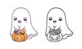Cute happy ghost holding a pumpkin bucket filled with candy trick or treat coloring book page activity for kids and adults. Royalty Free Stock Photo