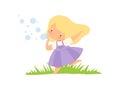 Cute Happy Girl Blowing Soap Bubbles on Green Meadow, Adorable Little Kid Cartoon Character Playing Outside Vector Royalty Free Stock Photo