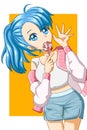 Cute and happy girl blue hair eating the lollipop cartoon illustration Royalty Free Stock Photo