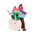 Cute happy girl hugging Xmas snowman. Funny portrait of smiling teenager child with Christmas snow man in winter scarf Royalty Free Stock Photo