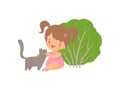 Cute Happy Girl Playing with Cat, Adorable Little Kid Cartoon Character Having Fun Outside with Her Pet Animal Vector Royalty Free Stock Photo