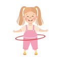 Cute Happy Girl Spinning Hula Hoop around her Waist, Kid Doing Sports, Active Healthy Lifestyle Concept Cartoon Style Royalty Free Stock Photo