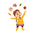 Cute Happy Girl Throwing Colorful Leaves, Happy Kid Playing Outdoors in Autumn Cartoon Style Vector Illustration Royalty Free Stock Photo