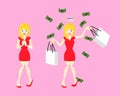 cute happy girl, wow face holding shopping bag concept under falling money and credit card Royalty Free Stock Photo