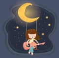 happy glasses girl playing guitar on swing under the crescent moon Royalty Free Stock Photo