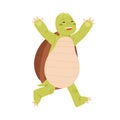 Cute and happy green turtle running with paws raised up. Funny tortoise character winning race. Joyful animal mascot