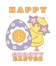 Cute Happy Groovy Easter Chick with Retro Easter egg. Playful cartoon doodle animal character hand drawing Royalty Free Stock Photo