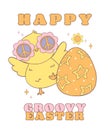 Cute Happy Groovy Easter Chick with Retro Easter egg. Playful cartoon doodle animal character hand drawing Royalty Free Stock Photo