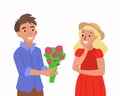 Cute happy guy gives a girl flowers
