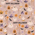 Cute happy Halloween background. Seamless pattern with lantern Jack pumpkin, ghost with candle, bats, scythe and broom
