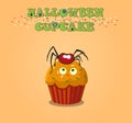 Cute happy halloween cupcake with spider and monster eyes on ora