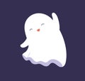 Cute happy Halloween ghost rejoices, celebrates holiday. Funny excited boo character, smiling phantom spirit floating