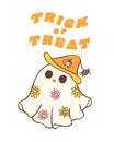 Cute happy Halloween retro ghost with daisy flowers cartoon doodles. Trick or treat