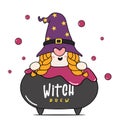 Cute happy Halloween witch Gnome in poison brew pot cauldron, witch brew, cartoon character doodle hand drawn outline
