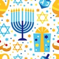 Cute Happy Hanukkah, Festival of Lights seamless pattern background in flat style Royalty Free Stock Photo