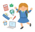 Cute happy jumping schoolgirl with flat style kawaii classroom objects. Back to school vector set of smiling elements with pupil