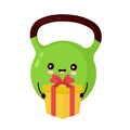 Cute happy kettlebell character with gift box