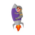 Cute Happy Kid Astronaut Character in Outer Space Suit Riding Rocket, Little Boy Dreaming of Becoming an Astronaut Royalty Free Stock Photo